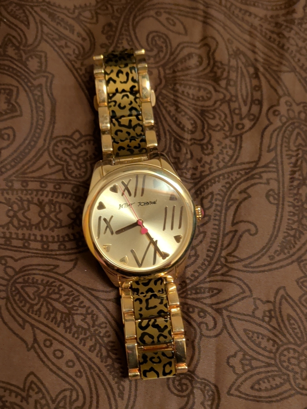 Betsey Johnson Gold Tone Watch with Leopard-Print Links and Pink Second Hand